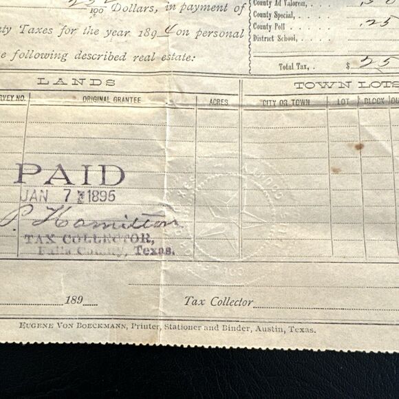 Texas Fall County Property Tax Bill STAMPED STAR 1895 Waco Austin Paper RARE HTF - Picture 4 of 7